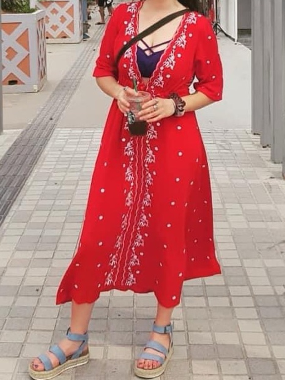 Red Embroidered V-Neck Women's Dress